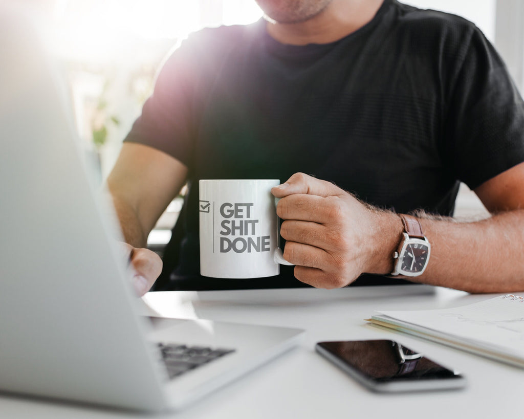 Get Shit Done 15oz Black Office Mug – Funny Motivational Gift